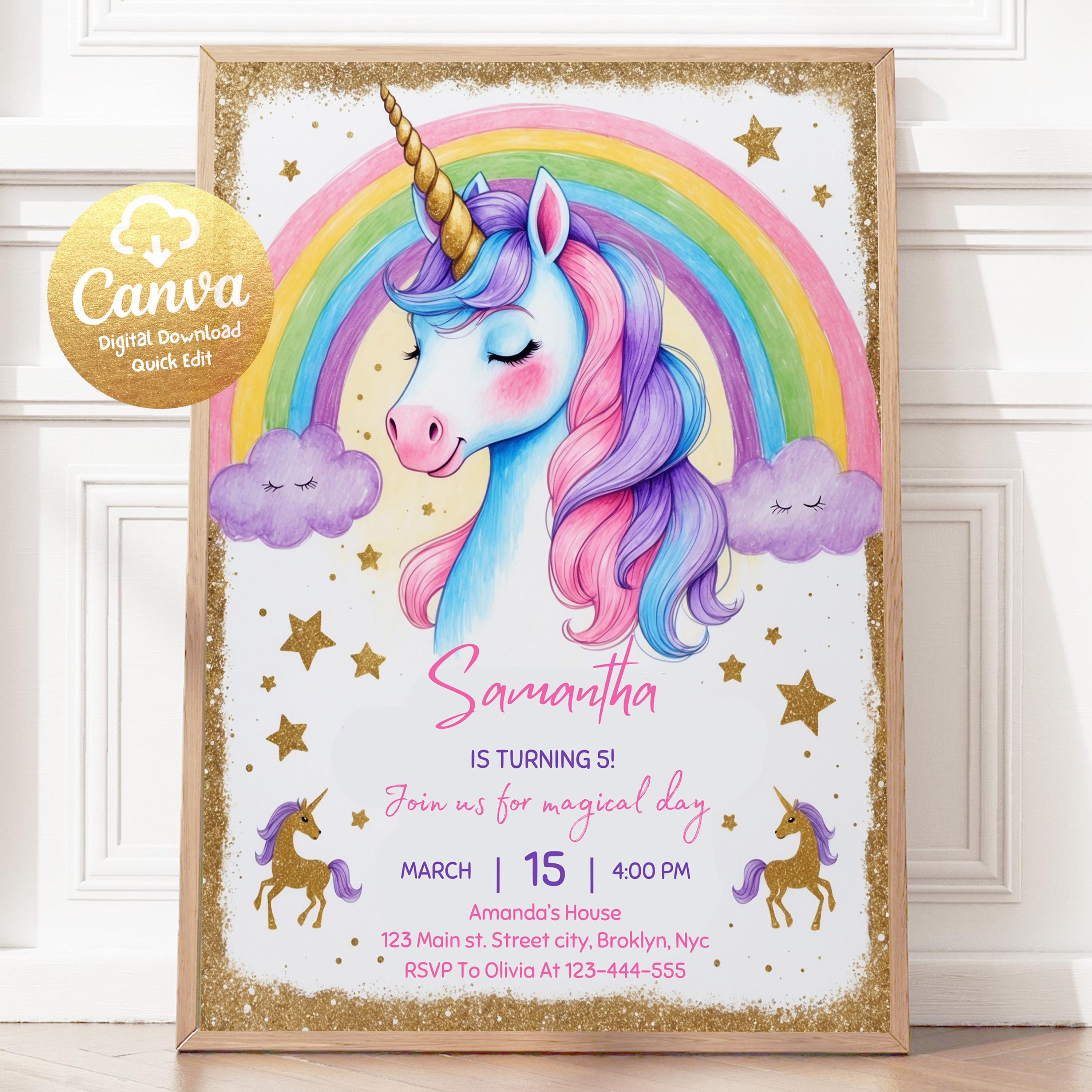 Unicorn Rainbow Girl’s Birthday Party Digital Invitation Template, Pink ...
