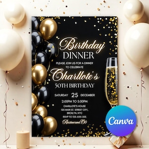 Modèle numérique d'invitation pour le dîner d'anniversaire, éviction animée de diamants dorés noirs pour hommes et femmes, invitation glamour cravate noire, carte électronique auto-modifiable