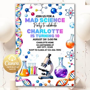 May include: A Mad Science party invitation with a white background, featuring colorful illustrations of scientific equipment and molecular structures. The invitation text reads "Join us for a Mad Science Party to celebrate Charlotte is turning 10."