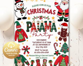 Christmas Party Invitation, Christmas Pajama Party Invitation, Pajama Invitation, Holiday Party Invitation, Xmas Party Invite, Canva CPJ82