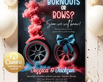 He or She Gender Reveal Invite, Burnouts or Bows invite, Boy or Girl, Editable Burnouts or Bows Gender Reveal Baby Shower Invitation BOB04
