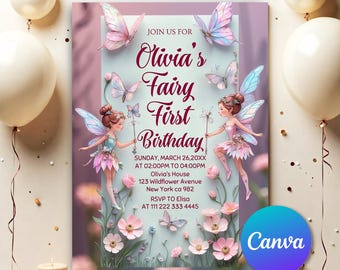 Fairy 1st Birthday Invite, Fairy First Birthday Invitation, Enchanted Birthday Invitation, Whimsical 1st Birthday Girl Digital Download FF35
