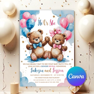 Invito per baby shower con orsetti boho, per maschietto o femminuccia, con tema "Gender Revel He Or She", invito modificabile BBS11.