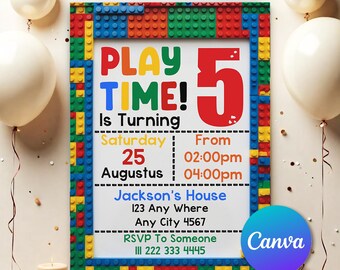 Editable Birthday Party Invitation, Digital Invitation, Birthday Invite, Instant Download, Building Blocks Invite Editable with Canva BB81