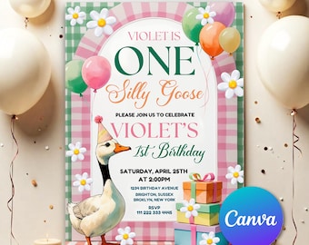 One Silly Goose Birthday Invitation, 1st Birthday Girl Pink Invite Printable, Goose 1st Birthday nvitation Template Daisy Gingham OSG0041