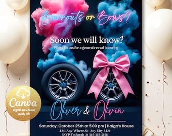 Burnouts or Bows invitation, Boy or Girl, He or She Gender Reveal Invite, Editable Burnouts or Bows Gender Reveal Baby Shower Invite BOB03