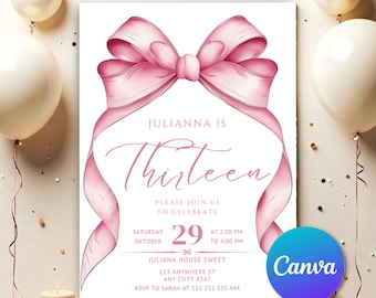 Coquette Pink Bow Birthday Invitation, Pink Bow Birthday Invitation, Ribbon Birthday Invitation, Editable  Pink Coquette Bow Invite CPB002