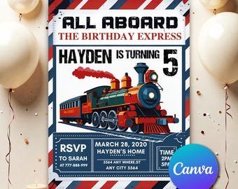 May include: A birthday party invitation with a train theme. The invitation reads "All Aboard The Birthday Express" and "Hayden is turning 5". The invitation features a red, green, and blue train illustration. RSVP details are included.
