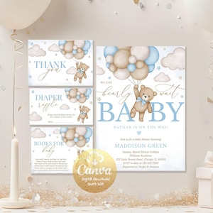 Bear Baby Shower Invitation Bundle, Blue Boy Boho Bear Baby Shower Invite for Boys, We Can Bearly Wait Invitation, Editable in Canva BB088