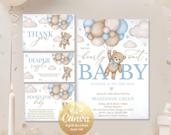 Bear Baby Shower Invitation Bundle, Blue Boy Boho Bear Baby Shower Invite for Boys, We Can Bearly Wait Invitation, Editable in Canva BB088