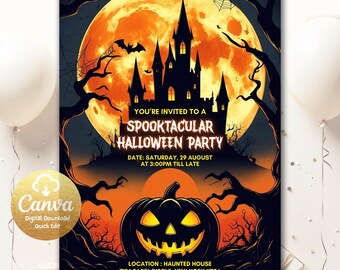 Halloween Party Invitation Template, Spooky Canva Invitation, Printable Halloween Flyer,Editable Canva Template Digital Download HL0887