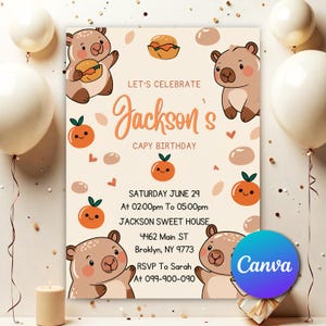 Capybara Birthday Party Invitation , Capy Birthday, Kawaii Capybara, Capybara Cute, EDITABLE Capybara Digital Template invitation CB0061