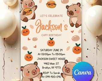 Capybara Birthday Party Invitation , Capy Birthday, Kawaii Capybara, Capybara Cute, EDITABLE Capybara Digital Template invitation CB0061