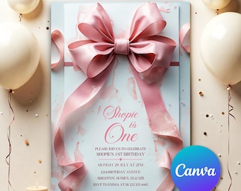 Invitación de cumpleaños editable con lazo rosa coqueto, invitación de cumpleaños con lazo rosa, invitación de cumpleaños con lazo, invitación con lazo rosa coqueto CPB001