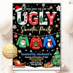 Invitation de fête modifiable pull moche, invitation fête de Noël pull moche, pull moche elfe, Invitation fête de Noël vacances US275