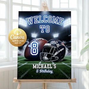 Könnte beinhalten: Ein digitaler Geburtstagshinweis mit einem Football und Helm auf einem grünen Feld. Der Hinweis lautet "WELCOME TO" in blauer Neon-Schrift, mit der Nummer "8" auf dem Football. Der Hinweis lautet auch "MICHAEL'S 8 Birthday".