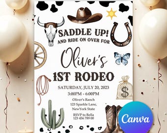 Plantilla de invitación para mi primer rodeo, invitación de cumpleaños del lejano oeste, invitación de cumpleaños de niño vaquero, invitación para mi primera fiesta de rodeo, Canva FR46 de 5x7