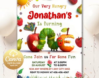 Editable Very Hungry Caterpillar First Birthday Invitation, Fat Caterpillar Birthday Party Invite Template, Hungry Caterpillar Invite VHC1