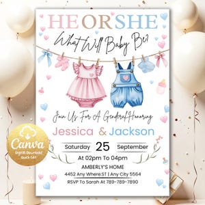 Wäscheleine Geschlecht offenbaren einladen, rosa oder blau Babykleidung Geschlecht offenbaren einladen, er oder sie was wird Baby sein? Überraschungs-Gender Reveal KG501