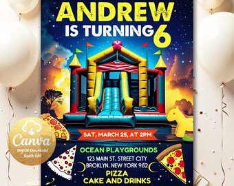 Invitación de cumpleaños para parque infantil, plantilla de invitación para fiesta de gimnasio en la jungla, área de juegos blandos para escalar, invitación editable para parque infantil interior con rebote, descarga PG905