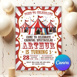 Carnival Birthday Party Invitation, Circus Party Invitation, Carnival Invitation, Editable Carnival Birthday Invitation template CC0553