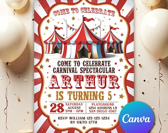 Carnival Birthday Party Invitation, Circus Party Invitation, Carnival Invitation, Editable Carnival Birthday Invitation template CC0553