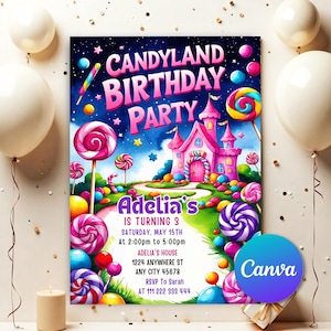 Candyland Birthday Party Invitation, Editable Sweet Celebration Birthday Invitation, Candy Land Invitation, Printable Canva Template CL0091