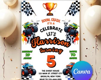 Monster Truck Birthday Invitation, Dirt, Boom Crash It's A Monster Truck Bash Birthday Boy, Boy Monster Truck Invite, Editable Invite MT78