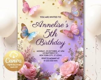 Butterfly Birthday Invitation Whimsical Floral Butterfly Floral Butterfly Garden Butterfly Invitation Instant Download Editable Canva BFX2