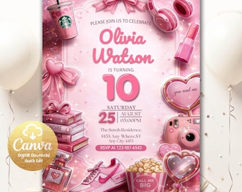 Pink Aesthetic Birthday Invitation, pink girl, Girl party invite, Teen girl birthday, Teen party, Double Digits, 10, Any Age, Editable Canva