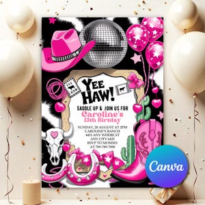 Pink Cowgirl Hoedown Birthday Party Invitation, Country Western Invitation, Editable Pink Cowgirl Birthday Invitation Canva Template PC097