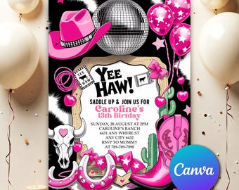 Pink Cowgirl Hoedown Birthday Party Invitation, Country Western Invitation, Editable Pink Cowgirl Birthday Invitation Canva Template PC097