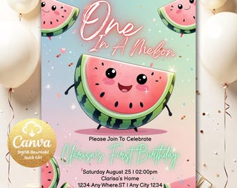 One in a Melon Birthday Invitation, Printable Summer Watermelon Bday Invitation Pack,  Editable Watermelon First Birthday Invitation WT101
