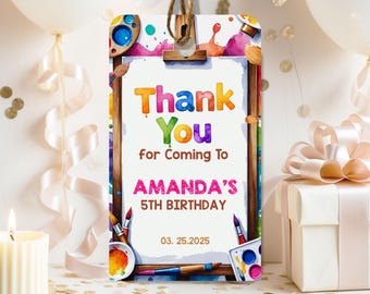Art Party Thank You Tag Gift Tag Art Birthday Girl Pink Craft Paint Brush Editable Painting Party Favor Tags Canva Template Printable AR74