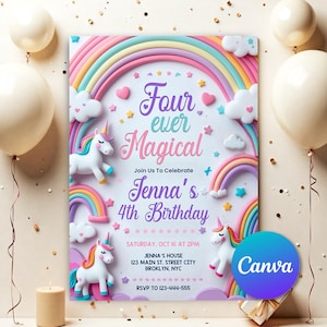 Unicorn 4th Birthday Invitation, Magical Party Invite, Instant Download, Girl Pastel Design Four Ever Magical, Editable Rainbow Template U91