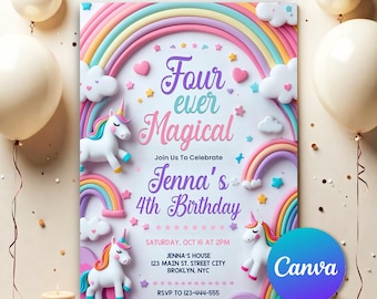 Unicorn 4th Birthday Invitation, Magical Party Invite, Instant Download, Girl Pastel Design Four Ever Magical, Editable Rainbow Template U91