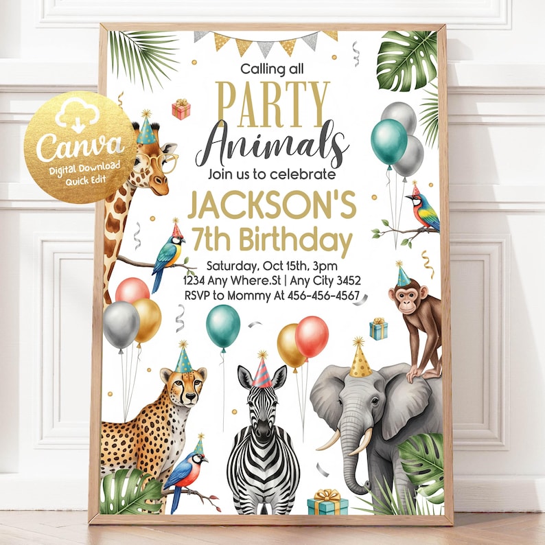 Party animal invite,Zoo theme invitation,jungle invitation,Safari invitation,Safari birthday,Zoo birthday invite,Calling party animal,Jungle birthday,Silver safari invite,Party Animals Cool,PartyAnimals Invite,Party Animals Neon, Boy Birthday invite,