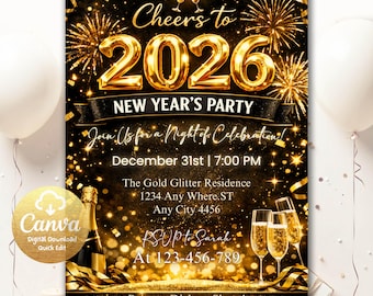 Gouden glitter thema oudejaarsavond uitnodiging, oudejaarsavond afdrukbare uitnodiging, NYE-feestuitnodiging 2026, bewerkbare canva-sjabloon NYE5