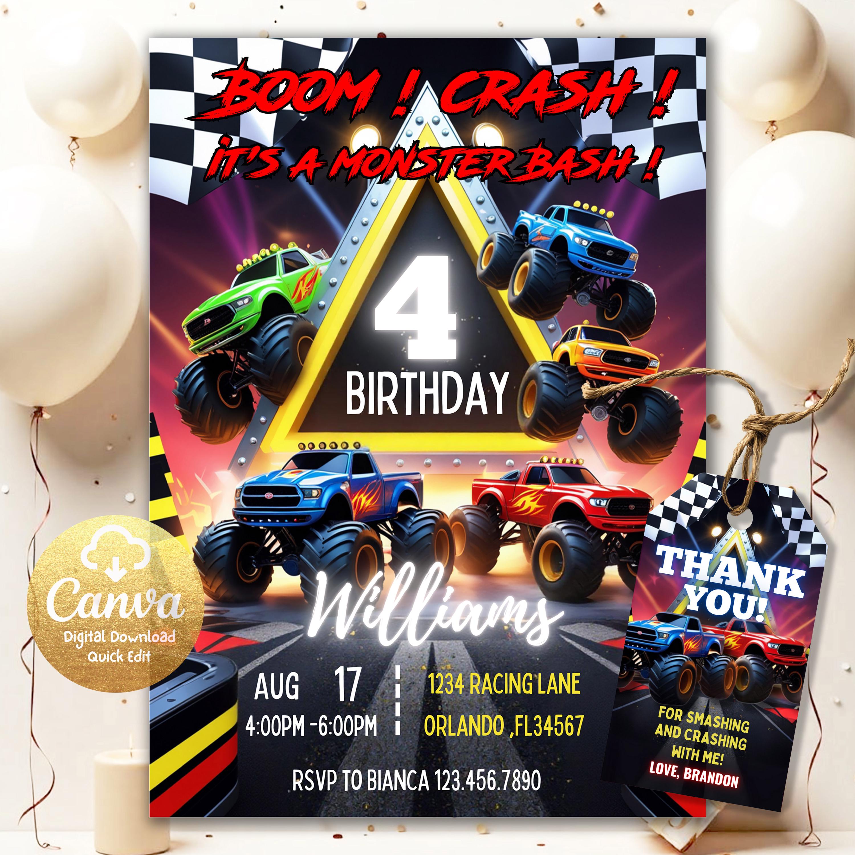 Boom, Crash, It's a Monster Bash, Monster Truck Birthday Invitation Digital 5x7 Invitation, Editable Monster Jam Birthday Party Invitation