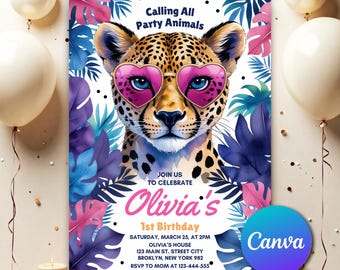 Invitación de cumpleaños de una guepardo llamando a todos los animales de la fiesta, plantilla digital editable de invitación de cumpleaños de safari en la jungla salvaje RCA021