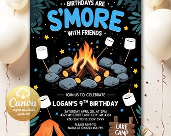 Backyard Camping Invite for Kids Campfire Party, Editable Smores Fun Birthday Invitation, Printable Template, Instant Edit And Share S000372