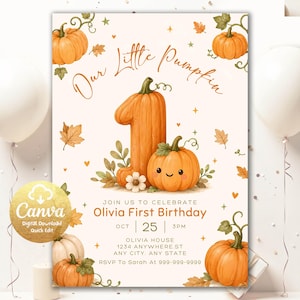 Invitación de primer cumpleaños de nuestra pequeña calabaza, invitación de cumpleaños de calabaza, invitación de primer cumpleaños de otoño, Canva editable, descarga digital PFB1