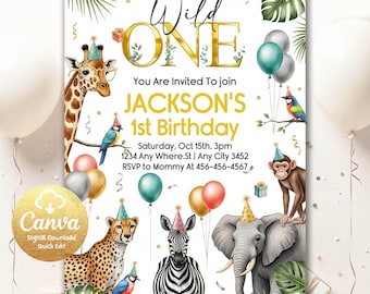 サファリの1歳の誕生日招待状、ワイルドワンの誕生日、1歳の誕生日デジタル招待状、ジャングルの1歳の誕生日招待状、ジャングルアニマルパーティー WO303