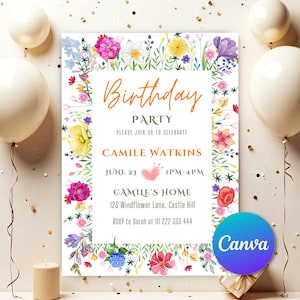 Puede incluir: Una invitación de fiesta de cumpleaños floral con fondo blanco y un borde colorido de flores. El texto dice "Birthday Party" en naranja, "Please join us to celebrate" en negro, "Camille Watkins" en negro, "June 23 1PM-4PM" en negro, "Camille's Home" en negro, "123 Windflower Lane, Castle Hill" en negro, y "RSVP to Sarah at 111 222 333 444" en negro. La invitación también presenta un corazón rosa con un contorno blanco.