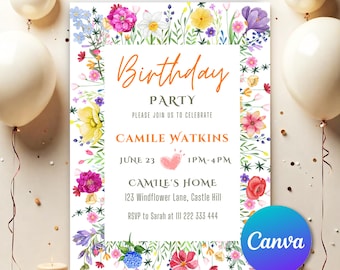 Flower Birthday Invitation Wildflower Birthday invite Floral Woman's Birthday Mother's day Invite CANVA EDITABLE, Pink Purple Invite FW77