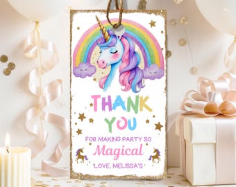 Unicorn Birthday Thank You Tag: Rainbow Gold Glitter, Editable (Digital Download, PDF File)