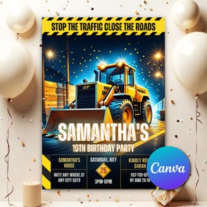 Uitnodiging bouw, bewerkbare verjaardagsuitnodigingen bouw jongen, uitnodiging voor feest dumptruck afdrukbare sjabloon digitaal canva CD022