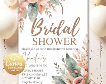 Boho Pampas Bridal Shower Invitation, Pampas, Boho Floral, Printable or Text Invitation, Editable Boho Bridal Shower Invitation BPB081