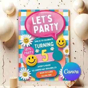 Editable Groovy Retro Birthday Invite, Tween Birthday, Any Age Girl Birthday, Checkered Smiley Face Birthday Invitation, Emoji Invitation