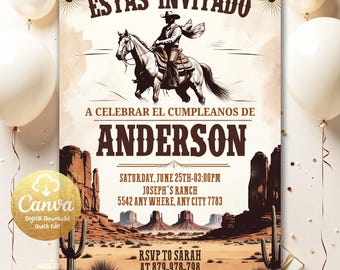 Wild West Vaquero Birthday Invitation, Vintage Cowboy, Mexican Celebration,Spanish, Editable Rodeo Birthday Invitation Canva Template WW882